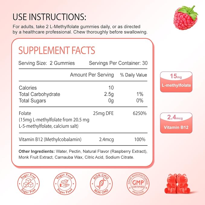 L-Methylfolate 15mg & Methyl B12 Gummies, Folate Supplement for Brain Health, Mood & Immunity, DNA Synthesis & Repair, Sugar Free, Vegan, Raspberry Flavor, 60 Count