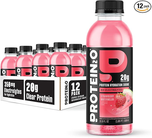 Protein2o Hydration Drink - 2-in-1 Liquid Clear Whey Protein Isolate and Electrolyte Drink - 20g Protein, Vitamins B5, B6 - Post-Workout Recovery - 16.9 Fl Oz - 12 Count Strawberry Watermelon