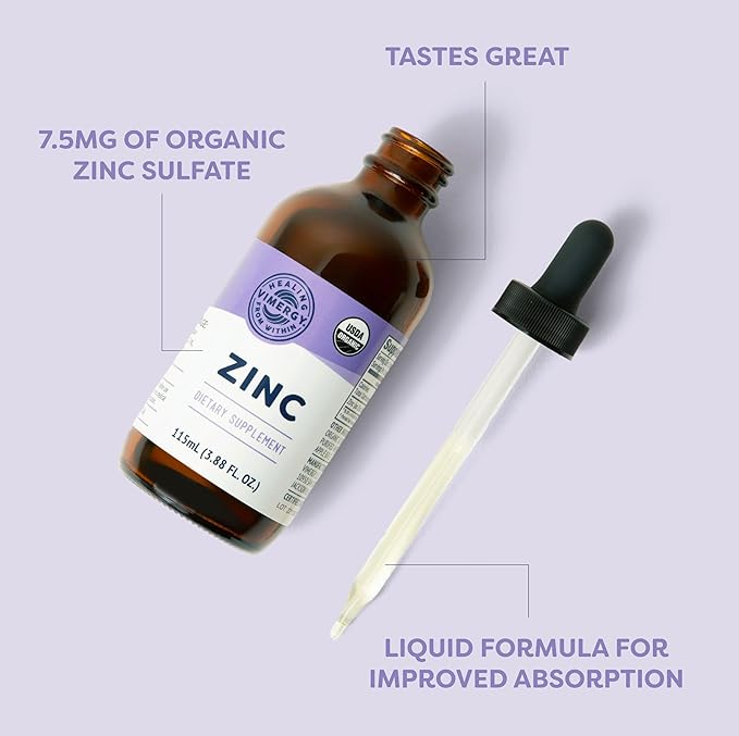 Vimergy Organic Zinc Supplements For Women & Men (7.5mg Liquid Zinc Per Serving) Fast-Absorbing Immune Support, Promotes Healthy Bones & Skin, USDA Certified Organic, Vegan, Up to 57 Servings (115 mL)