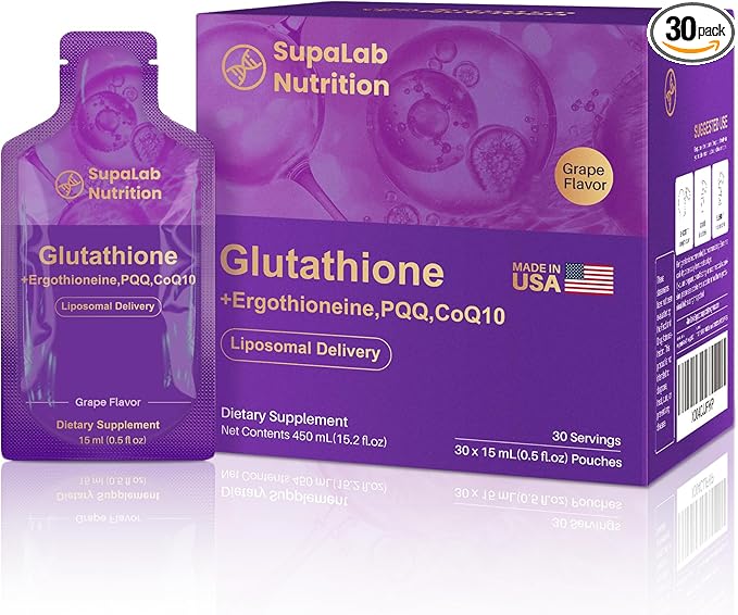 Liposomal Glutathione Supplement – 500mg Glutathione with PQQ, CoQ10 & Vitamin C – High Absorption Antioxidant for Immune & Energy Support – Grape Flavor, 30 Pouch