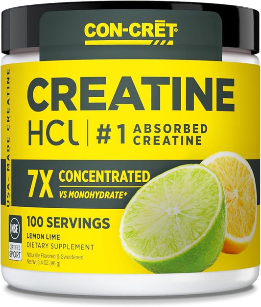 CON-CRET Creatine HCl Powder | Muscle, Cognitive, Cellular Energy Support | No Bloating or Cramps | USA Made & NSF Certified | Lemon Lime (100 Serving)