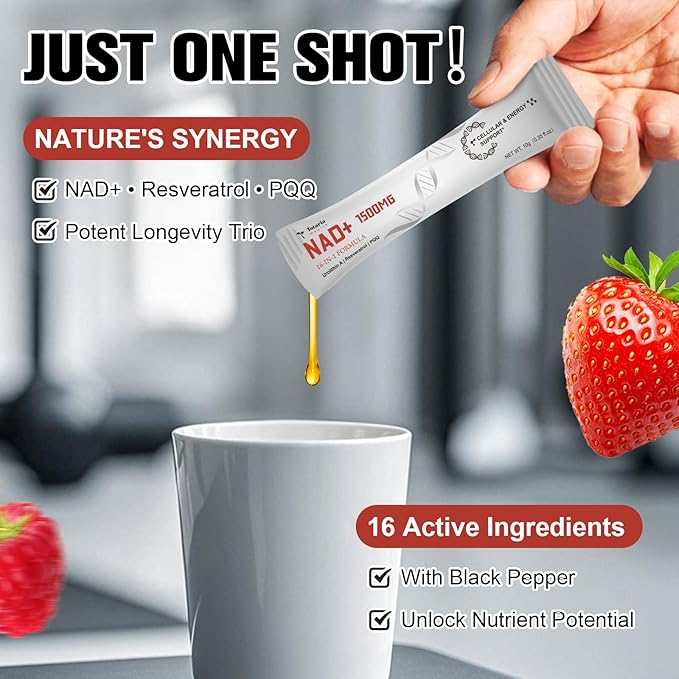 NAD Liquid Supplement 1500mg, Extra Strength NAD+, Resveratrol, Urolithin A, PQQ 16-in-1 Formula with Nicotinamide Riboside for Anti Aging, Energy, Immune, Focus for Men & Women (30 Packets)