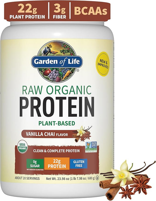 Garden of Life Protein Powder, Vegan Protein Powder, BCAA, Probiotics & Digestive Enzymes, Gluten & Lactose Free, Vanilla Chai, 20 Servings