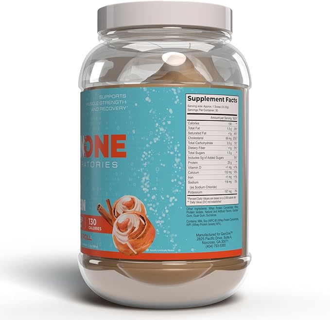 GenOne Whey Protein Powder Isolate, 25g Protein and 6.5g BCAAs per Serving, Cinnamon Roll, Low Carb, Fast Digesting, 30 Servings, 2.25 LB