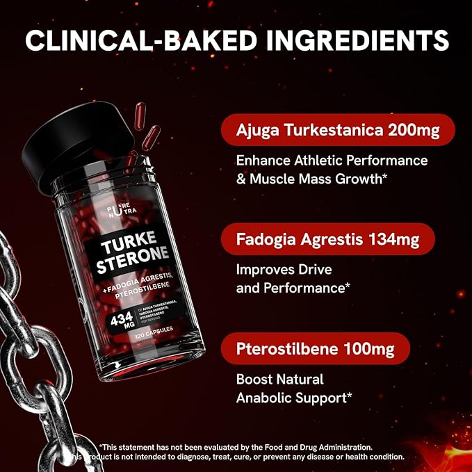 Turkesterone Supplement for Men - Organic Turkesterone Supplement for Muscle Growth w/Fadogia Agrestis Pterostilbene | Complexed Turkesterone Powder | 120 Turkestrone Vegan Capsules 1 Pack