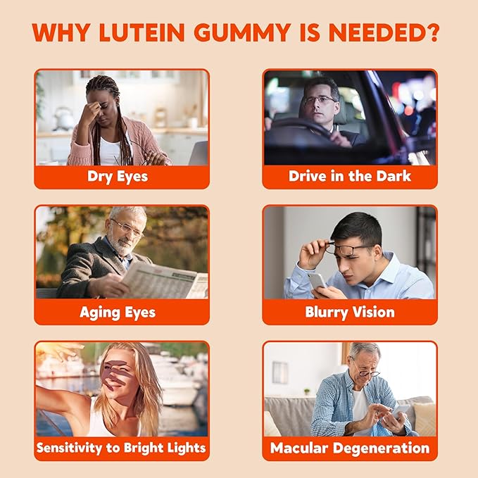 Sugar-Free Lutein Zeaxanthin Supplements Gummies (25mg) Vitamins A, C, E, Bilberry, Astaxanthin - Coconut Oil for Better Absorption - Adults & Teens Vision Health, Eye Strain, Dry Eyes - Vegan, 60Cts