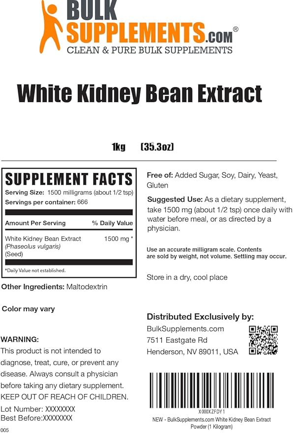 BulkSupplements.com White Kidney Bean Extract Powder - White Kidney Bean Powder - Herbal Supplement - Gluten Free, 1.5g per Serving, 1kg (2.2 lbs) (Pack of 1)