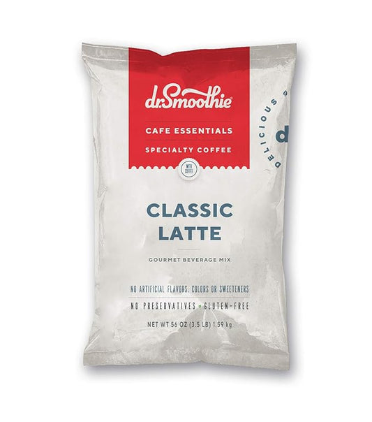 Dr. Smoothie Café Essentials Classic Latte – No Artificial Colors, Flavors, Sweeteners – Shelf Stable – 155mg of Caffeine per Serving – Great for Hot, Iced, & Frozen Frappes (3.5 lb Bag, 26 Servings)