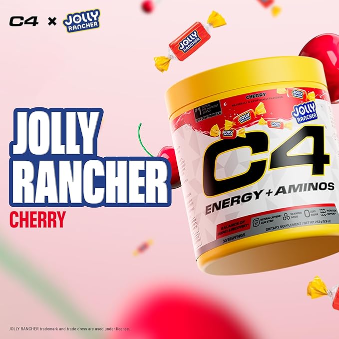 Cellucor C4 Energy + Aminos Powder | Jolly Rancher Cherry | 5g BCAAs & EAAs for Muscle Recovery, 3 Electrolytes for Hydration, 100mg Natural Caffeine | Pre Workout | Zero Sugar, 30 Servings