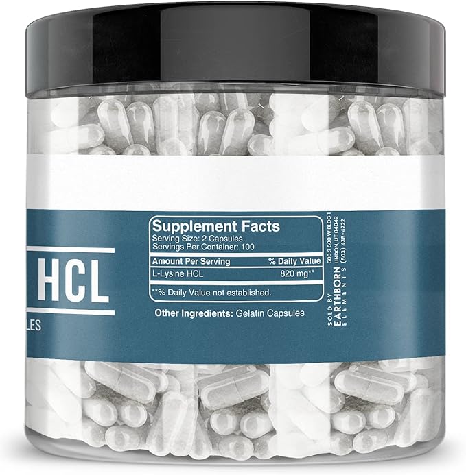 Earthborn Elements L-Lysine HCL 200 Capsules, Pure & Undiluted, No Additives