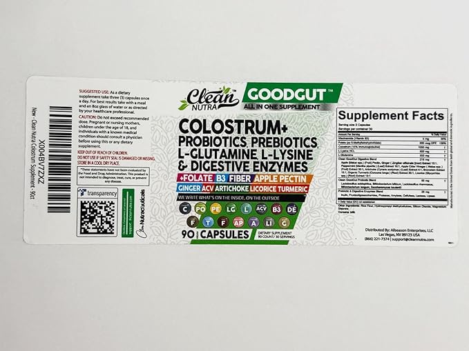 Clean Nutraceuticals Colostrum Supplement Capsules Probiotics Pills Prebiotics, L-Glutamine, Digestive Enzymes, Folate, Fiber, ACV, Turmeric, Apple Pectin and Turmeric Pills