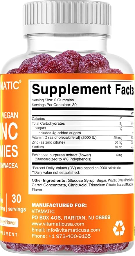 Vitamatic Zinc 50mg Gummies – 60 Vegan Gummies – Gluten-Free – 2 Pack