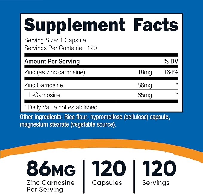 Nutricost Zinc Carnosine 86mg, 120 Capsules - Non-GMO, Gluten Free, Zinc L-Carnosine Supplement