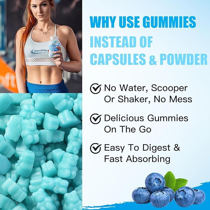 ElevateLife Creatine Monohydrate Gummies 5000mg for Men & Women, Chewables Creatine Monohydrate for Muscle Strength, Muscle Builder, Energy Boost, Pre-Workout Supplement-180 Blueberry Gummies