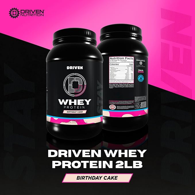 Driven WHEY- Whey Protein Powder: Delicious, Clean Protein Shake- Improve Muscle Recovery with 23 Grams of Protein with Added BCAA and Digestive Enzymes (2lb, Birthday Cake)