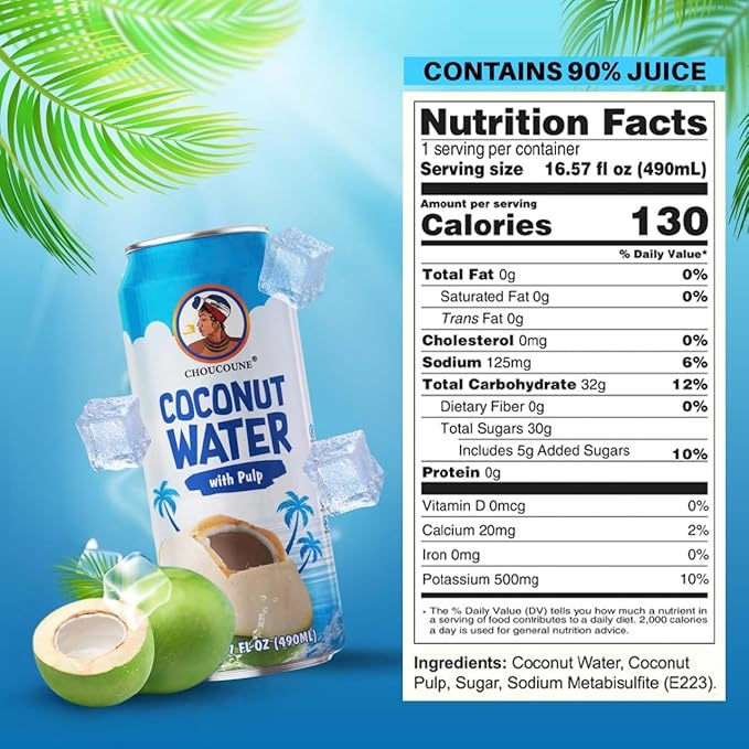 Choucoune Original Coconut Water with Pulp - 100% Natural Hydration Drink - Rich in Calcium & Potassium - Refreshing Non-GMO, Gluten-Free Beverage - Perfect Body Health - 130 Calories (Pack of 12)