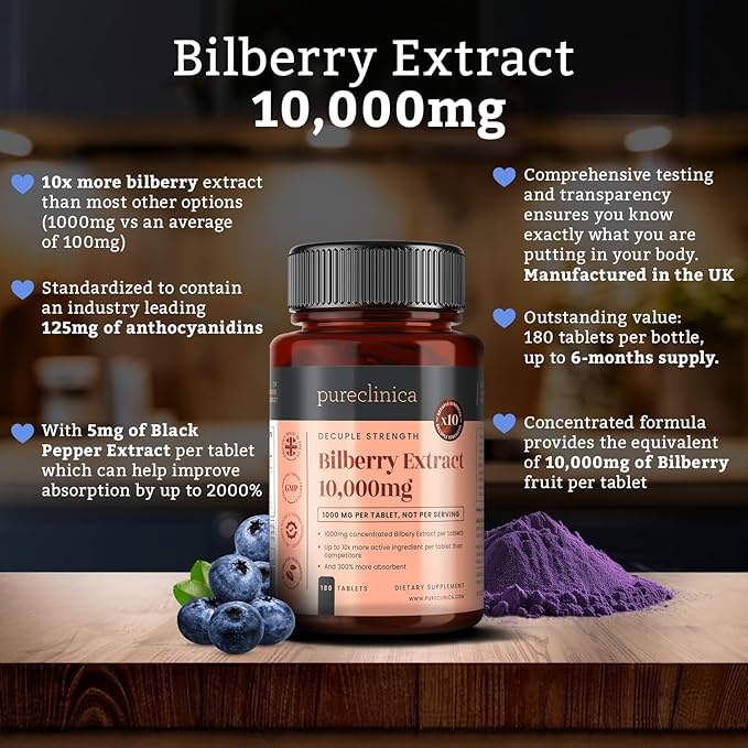 pureclinica Bilberry Extract 10,000mg x 1080 Tablets (6 Bottles of 180) - 10 X More anthocyanidins