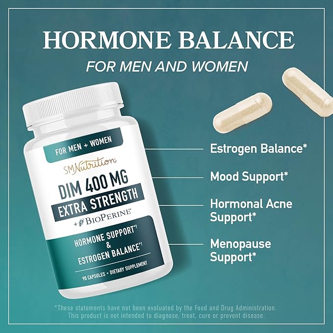 DIM Supplement 400MG Extra Strength | Hormone Balance for Men and Women | Menopause, Acne, Hot Flashes Relief, Prostate Support & Antioxidant Support | Soy-Free, Gluten-Free | SMNutrition | 90 Ct.