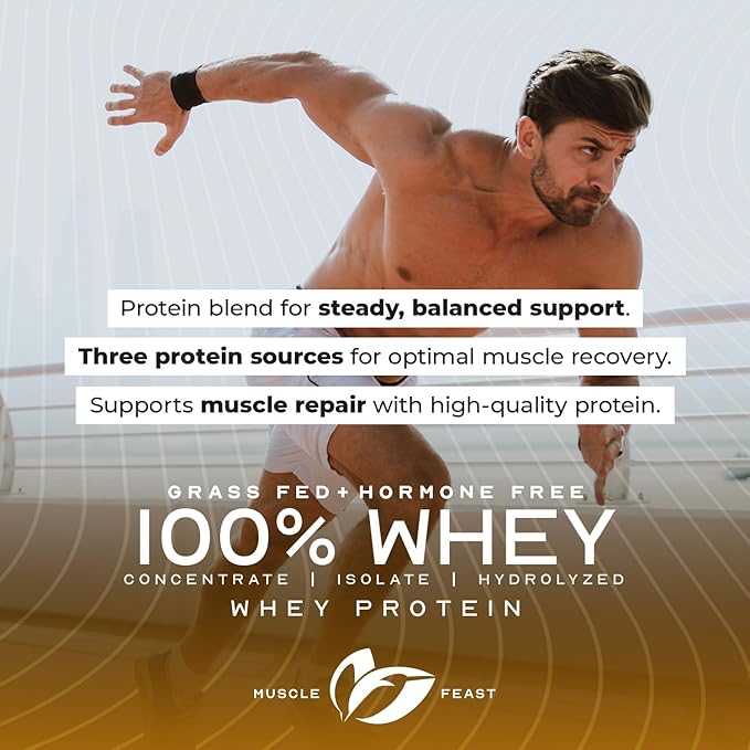 Muscle Feast 100% Grass Fed Whey Protein Powder, All Natural, Hormone Free Paure Raised Whey Protein Powder for Women & Men - Whey Concentrate, Isolate & Hydrolyzed Protein Powder Blend - Vanilla, 2lb