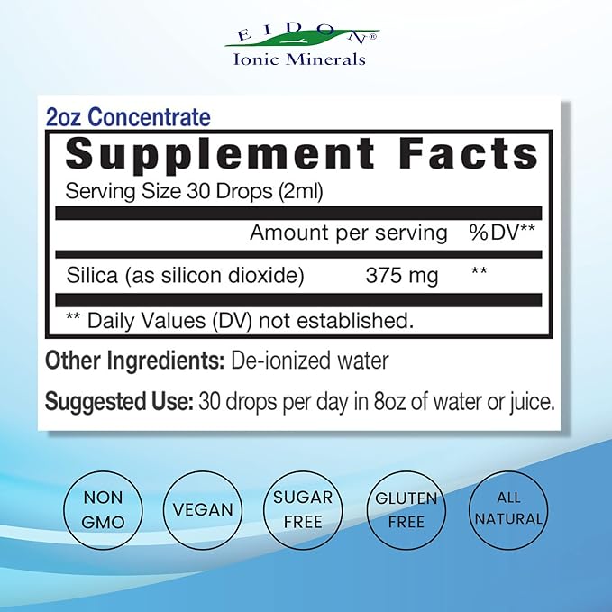 Eidon Ionic Minerals Liquid Silica Mineral Concentrate - Silica Supplement for Hair, Skin and Nails, Supports Collagen Production, Joint and Bone Health, Helps Manage Calcium - 2 oz