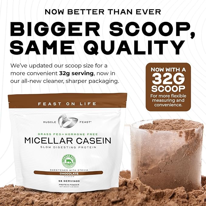 Muscle Feast Grass Fed Micellar Casein Protein Powder, Pasture Raised & Hormone Free, Slow Digesting Casein Protein - Supports Overnight Muscle Recovery, Gluten Free Protein Powder - Chocolate, 4lb