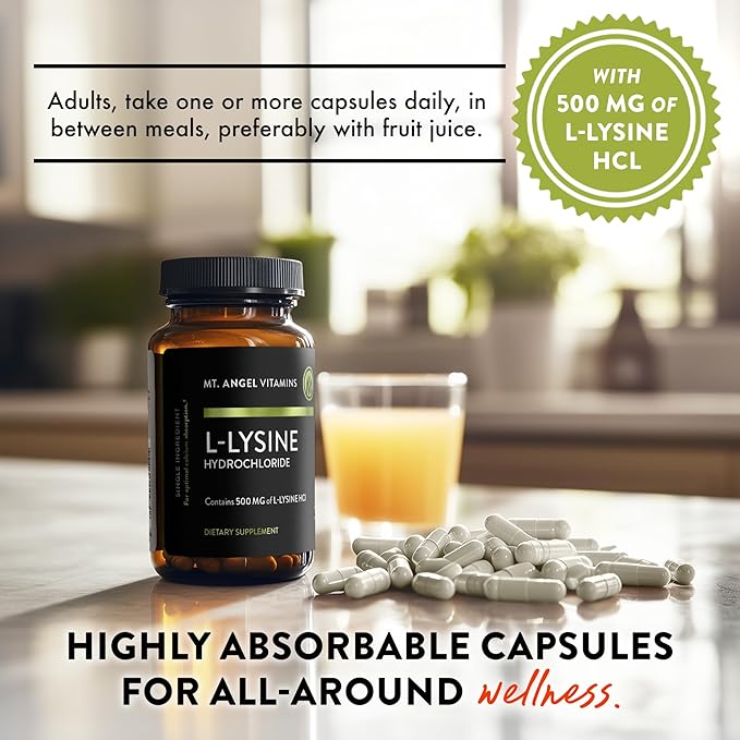 Mt. Angel Vitamins - Premium L-Lysine 500mg Capsules – Vegan-Friendly Essential Amino Acid – Supports Immune System & Collagen Formation – Non-GMO – 60 Capsules