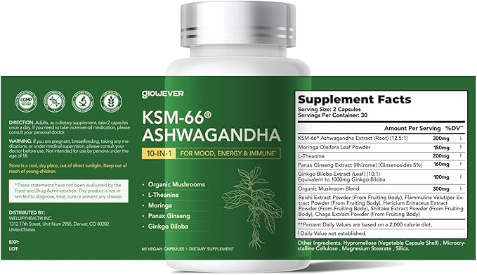 KSM-66 Ashwagandha Supplements with L-Theanine Moringa Organic Mushrooms Complex Ginseng Ginkgo Biloba - Mood & Energy Support, Cortisol Manager, Immune Support, 60 Vegan Capsules