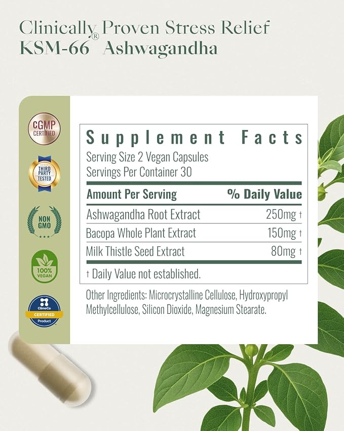 Ashwagandha Supplements for Women & Men - KSM-66® with Bacopa & Milk Thistle, 60 Vegan Capsules - Stress Relief, Mood, Cortisol Support, Extra Strength Ashwagandha Capsules