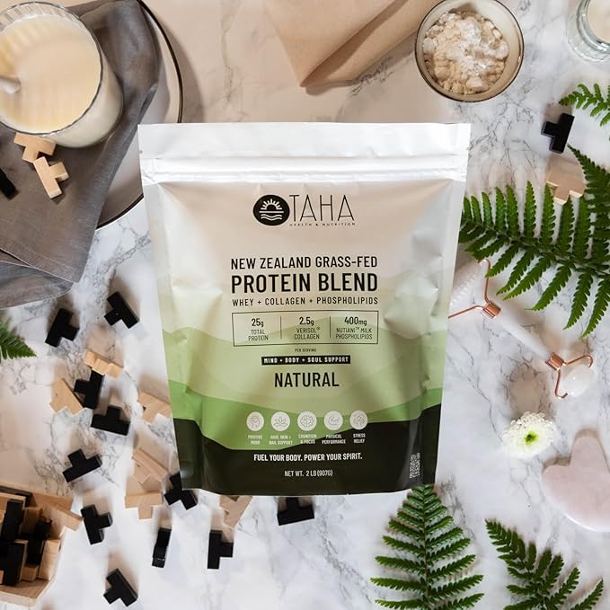 Taha Health & Nutrition Mind + Body Protein Blend – Natural, Unflavored | 25g Protein from Whey & Collagen + 400mg Milk Phospholipids | Grass-Fed, Free-Range New Zealand Dairy | 2LB