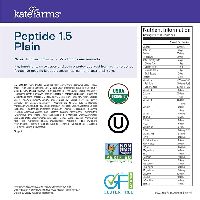 KATE FARMS Organic Adult Peptide 1.5 Formula, Plain, Sole-Source, Hydrolyzed Plant-Based Nutrition for Oral or Tube Feeding, 11 Fl oz (12 Pack)