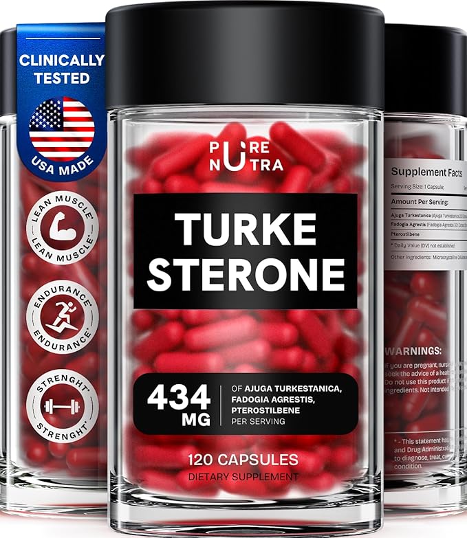 Turkesterone Supplement for Men - Organic Turkesterone Supplement for Muscle Growth w/Fadogia Agrestis Pterostilbene | Complexed Turkesterone Powder | 120 Turkestrone Vegan Capsules 1 Pack