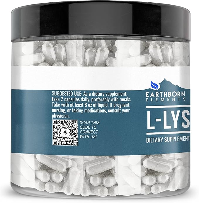 Earthborn Elements L-Lysine HCL 200 Capsules, Pure & Undiluted, No Additives