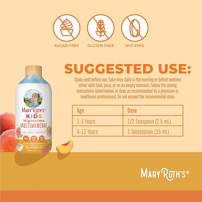 Kids Liquid Nighttime Multimineral by MaryRuth's | Bone Health | Immune Function | Bedtime Supplement | Kids Vitamins | Magnesium | Vegan | Sugar Free | 30-180 Servings | 15.22 fl oz