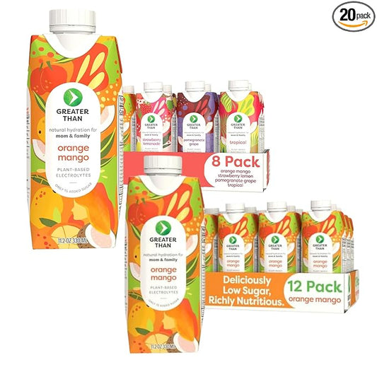 Greater Than Lactation Supplement Support, Coconut Water, Vitamins & Electrolyte Drink for Breastfeeding, Breast Milk & Immune Support, Variety Pack & Orange Mango (20 Pack)