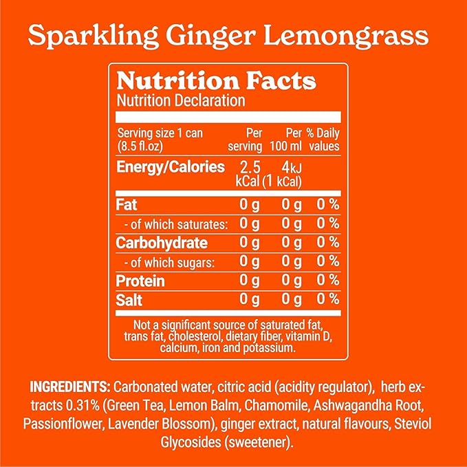 Tranquini Calming Drink With Herbal Adaptogens | Sparkling Water Stress Relief Beverage | Sugar Free, Non Alcoholic, Gluten Free, Vegan - 250ml Ginger Lemongrass (6 cans)