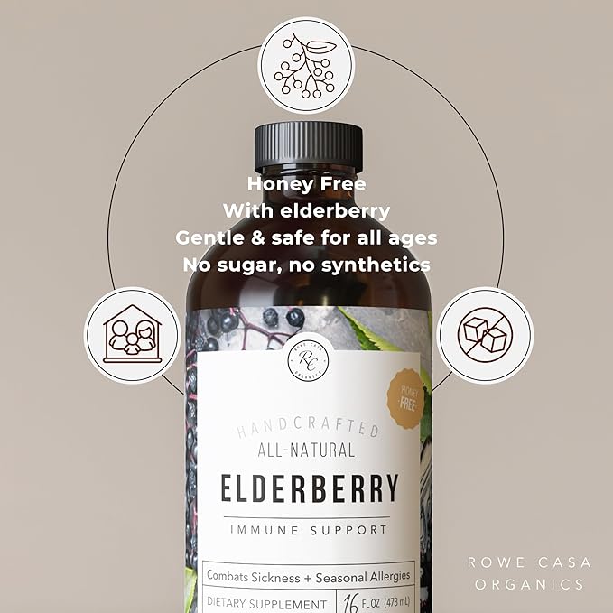 Rowe Casa Organics Honey-Free Elderberry Immune Support with Antioxidants, Zinc and Vitamin C – Kids and Adults Organic Elderberry Syrup for Immune Support, 16 Fl Oz
