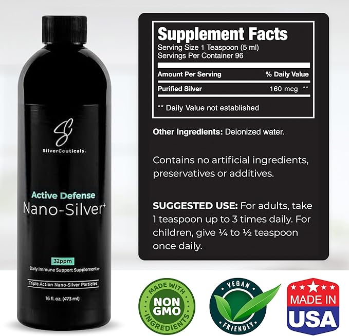 Colloidal Silver w/Nano Technology - 32ppm 8oz - 8X More Effective - Natural Immune Support - Save The Sick Days - Ages 5 & Up - Outperforms Higher PPM Silvers - No Taste & Smell - 3rd Party Tested