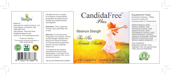 Candida-Free Natural Balance Support Formula for Yeast Overgrowth Cleanse and Detox for Women. 120 Vegan Capsules.