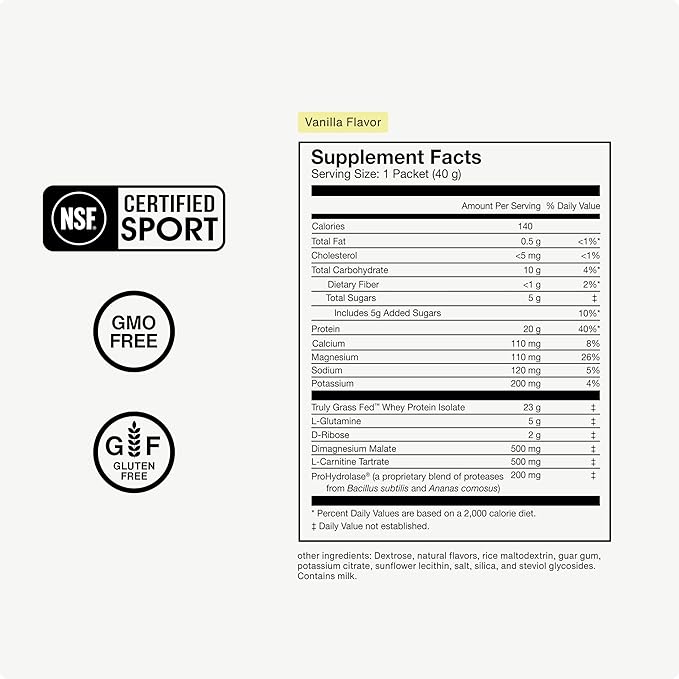 Momentous Recovery Grass-Fed Whey Protein Powder - 20 g Post-Workout Whey Isolate Protein - NSF Certified for Sport - Gluten-Free - 15 Servings - Vanilla - Package May Vary