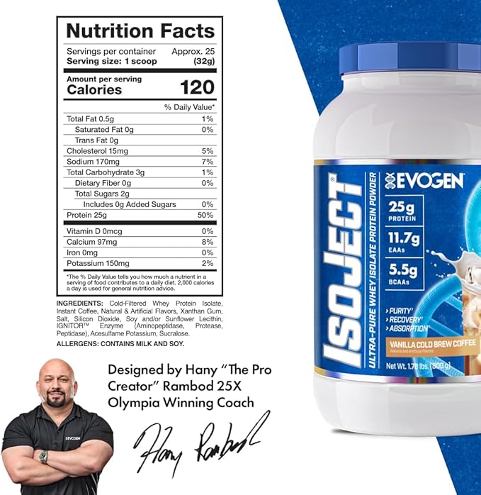 Evogen Isoject - Whey Protein Isolate | Ultra-Pure Whey Protein Powder with Ignitor Enzymes, BCAAs, and EAAs | Enhanced Absorption & Recovery | Vanilla Cold Brew Coffee | 25 Servings