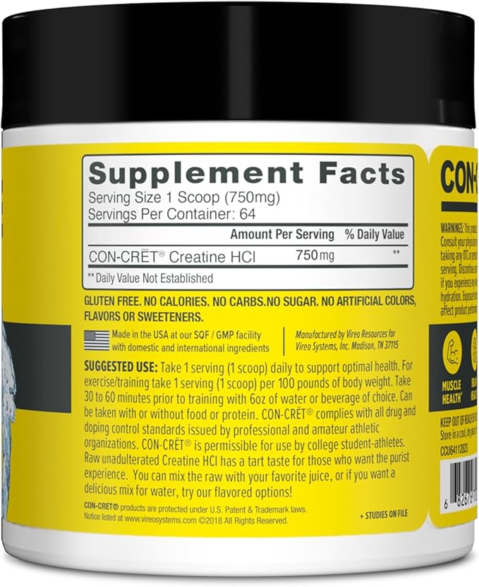 CON-CRET Creatine HCl Powder | Muscle, Cognitive, Cellular Energy Support | No Bloating or Cramps | USA Made & NSF Certified | Unflavored (64 Serving)