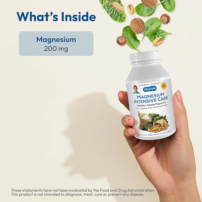 Andrew Lessman Magnesium Intensive Care 500 Capsules – 200mg Mild Ultra-Soluble Magnesium, Supports Nerves, Muscles, Brain and Heart, No Additives, Gentle to Even The Most Sensitive Stomachs