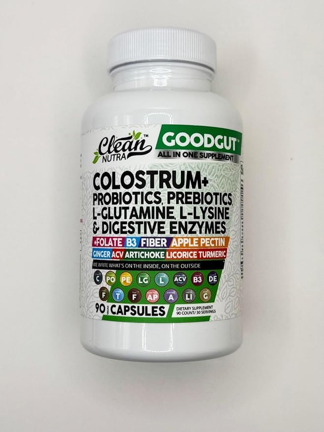 Clean Nutraceuticals Colostrum Supplement Capsules Probiotics Pills Prebiotics, L-Glutamine, Digestive Enzymes, Folate, Fiber, ACV, Turmeric, Apple Pectin and Turmeric Pills