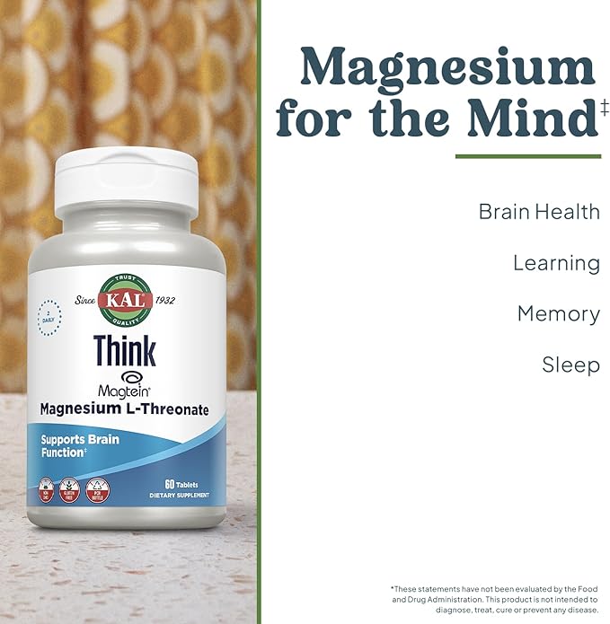 KAL Think Magnesium L-Threonate 2000 mg | Learning, Brain Health & Memory Function Support w/Magtein | Vegan, No Gluten & Non-GMO | 60 Tablets