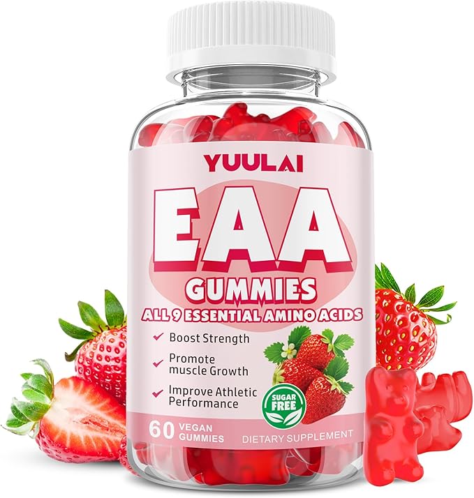 EAA Gummies Essential Amino Acids - All 9 Essential Aminos (EAA) and All Branched-Chain Aminos (BCAAs) for Muscle Recovery, Energy Support, Strawberry Flavor, 60 Count