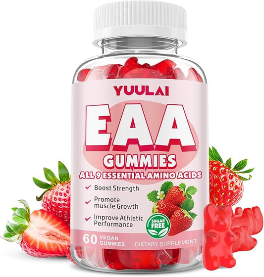 EAA Gummies Essential Amino Acids - All 9 Essential Aminos (EAA) and All Branched-Chain Aminos (BCAAs) for Muscle Recovery, Energy Support, Strawberry Flavor, 60 Count