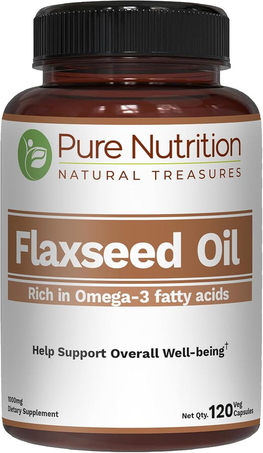 Pure Nutrition Flaxseed Oil 1000mg with Omega 3 6 9 I 120 Veg Caps | Naturally Providing 500mg Alpha-Linolenic, 134 mg Linoleic, and 188mg Oleic Acid.