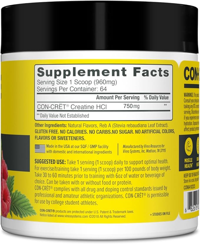 CON-CRET Creatine HCl Powder | Muscle, Cognitive, Cellular Energy Support | No Bloating or Cramps | USA Made & NSF Certified | Raspberry (64 Serving)