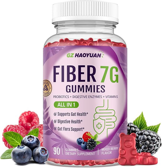Fiber Gummies for Adults - Sugar Free Fiber Supplement 7g All in 1, Probiotic 60 Billion CFU & Prebiotic with Digestive Enzymes, Inulin, Psyllium, Vitamin, Support for Gut & Digestive Health, 90 Ct