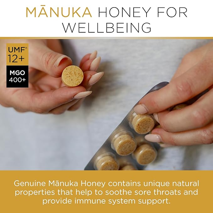 PURITI Premium Manuka Honey Lozenges High Potency - Sugar Free Drops | Genuine New Zealand Raw Manuka Honey Soothers for Coughs & Sore Throats | UMF Certified MGO 400+ UMF12+ (16 Pack)